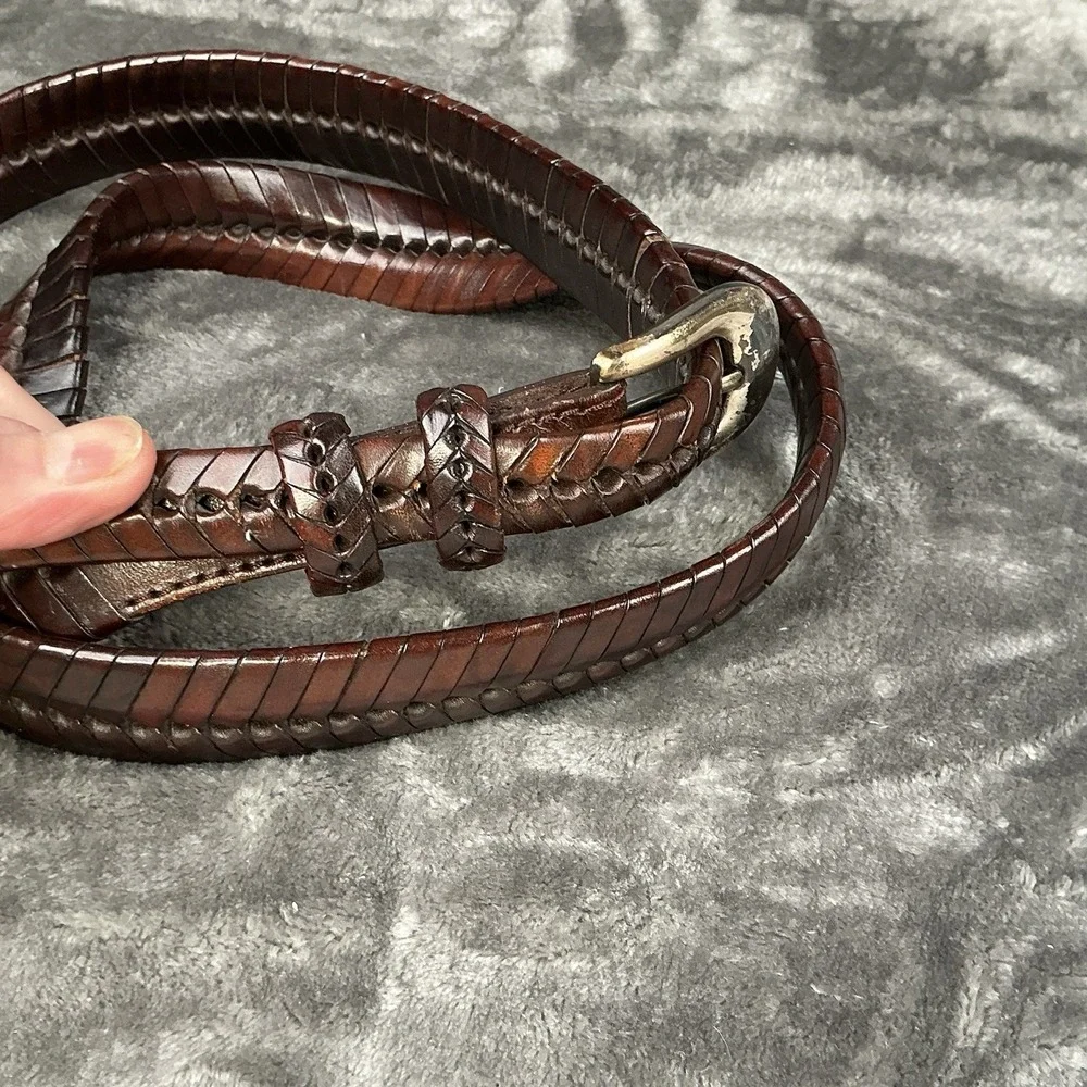 Vintage Mens Leather Hand Braided Woven Belt Brown Basket Weave Silver Buckle 42